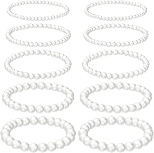 Kajaia 10 Pcs Faux Pearl Bracelets for Women Pearl Stretch Beaded Bracelets for Bridesmaid Wedding Bridal Party