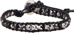 KELITCH Silver Skull Crystal Beaded Bracelets for Women Braided Leather Wrap Bracelets Gothic Cuff Handmade Fashion Jewelry