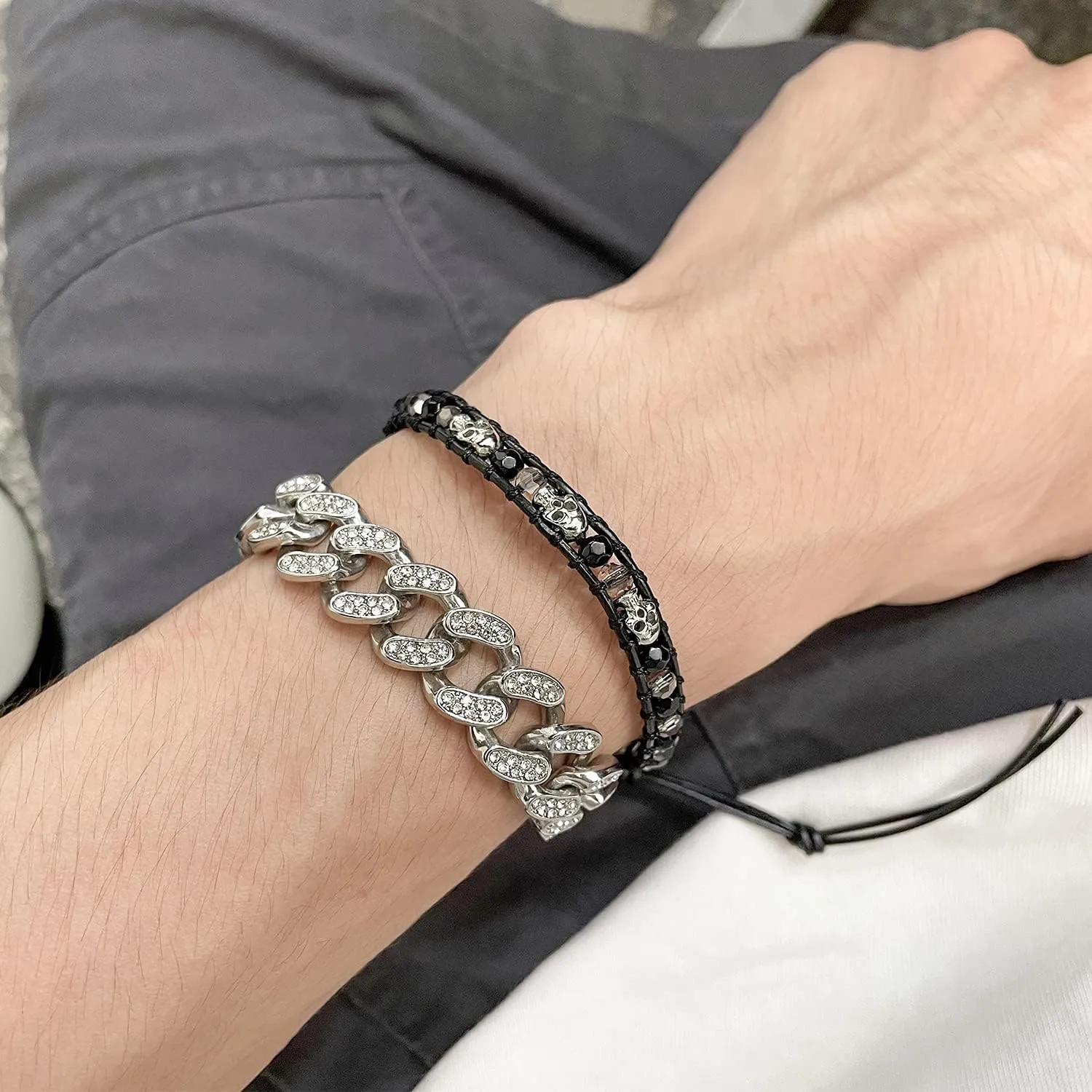 KELITCH Silver Skull Crystal Beaded Bracelets for Women Braided Leather Wrap Bracelets Gothic Cuff Handmade Fashion Jewelry