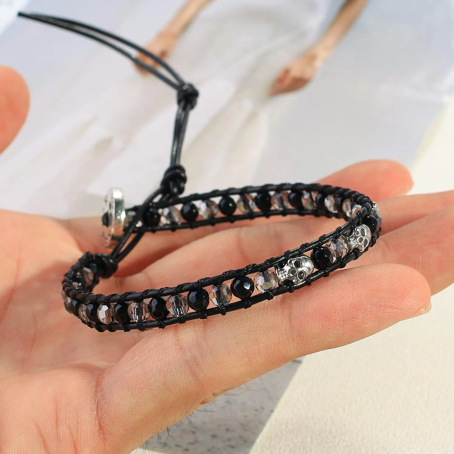 KELITCH Silver Skull Crystal Beaded Bracelets for Women Braided Leather Wrap Bracelets Gothic Cuff Handmade Fashion Jewelry