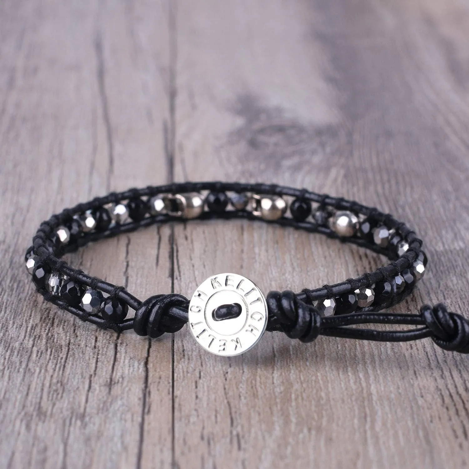 KELITCH Silver Skull Crystal Beaded Bracelets for Women Braided Leather Wrap Bracelets Gothic Cuff Handmade Fashion Jewelry