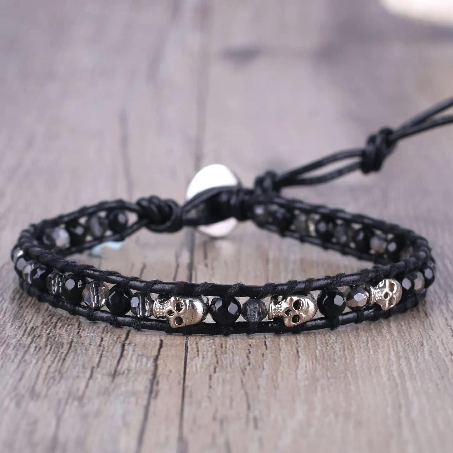 KELITCH Silver Skull Crystal Beaded Bracelets for Women Braided Leather Wrap Bracelets Gothic Cuff Handmade Fashion Jewelry