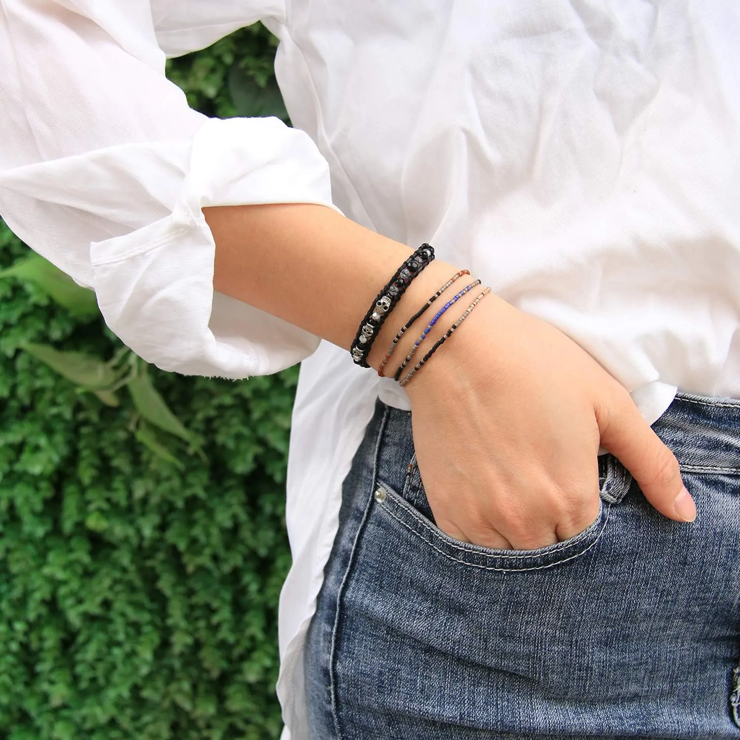 KELITCH Silver Skull Crystal Beaded Bracelets for Women Braided Leather Wrap Bracelets Gothic Cuff Handmade Fashion Jewelry