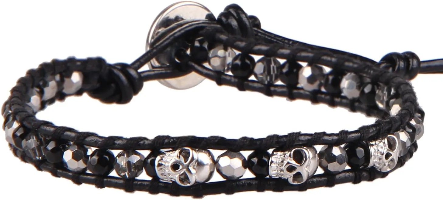 KELITCH Silver Skull Crystal Beaded Bracelets for Women Braided Leather Wrap Bracelets Gothic Cuff Handmade Fashion Jewelry