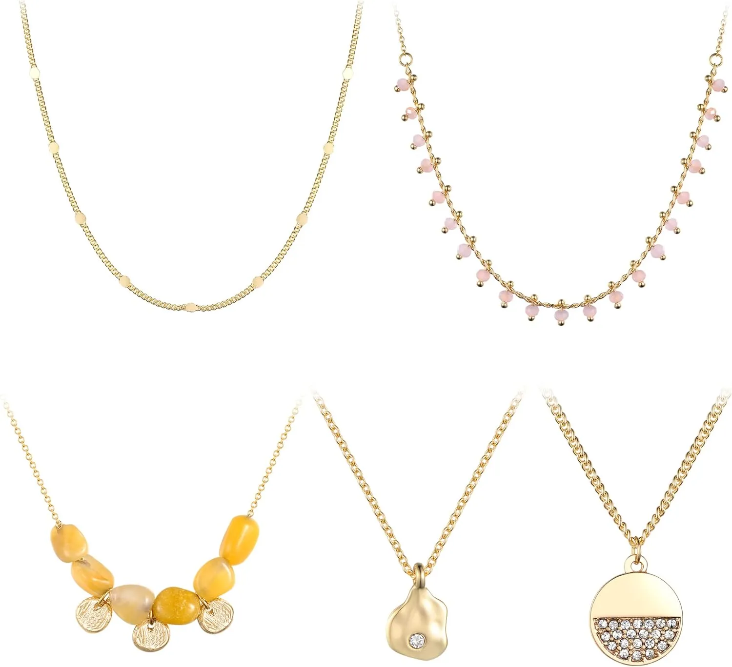 Kevia Set of 5 18K Gold Necklace for Women and Girls, Elegant 18k Gold Plated Necklace with Intricate Design Layered Necklaces for Women(Peach & Green Stone)