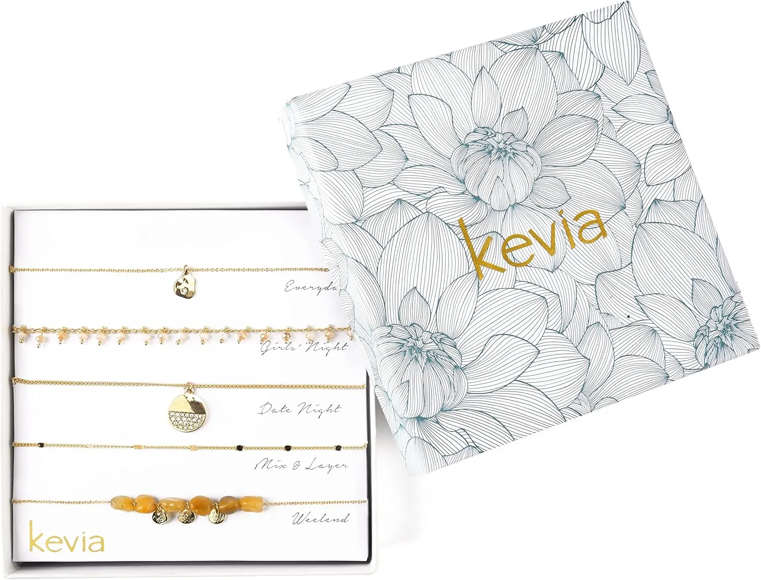 Kevia Set of 5 18K Gold Necklace for Women and Girls, Elegant 18k Gold Plated Necklace with Intricate Design Layered Necklaces for Women(Peach & Green Stone)