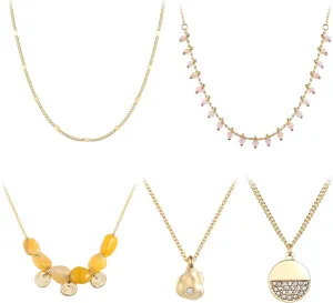 Kevia Set of 5 18K Gold Necklace for Women and Girls, Elegant 18k Gold Plated Necklace with Intricate Design Layered Necklaces for Women(Peach & Green Stone)