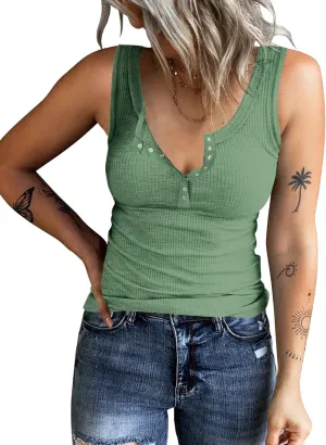 KINLONSAIR Women's Sleeveless Henley Tank Tops Summer Ribbed Button Down Casual T Shirts Slim Fit V Neck Tee Tops