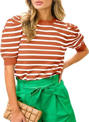 Langwyqu Womens Striped Sweaters Puff Short Sleeve Tops Crew Neck 2024 Spring Summer Trendy Casual Knit T Shirts