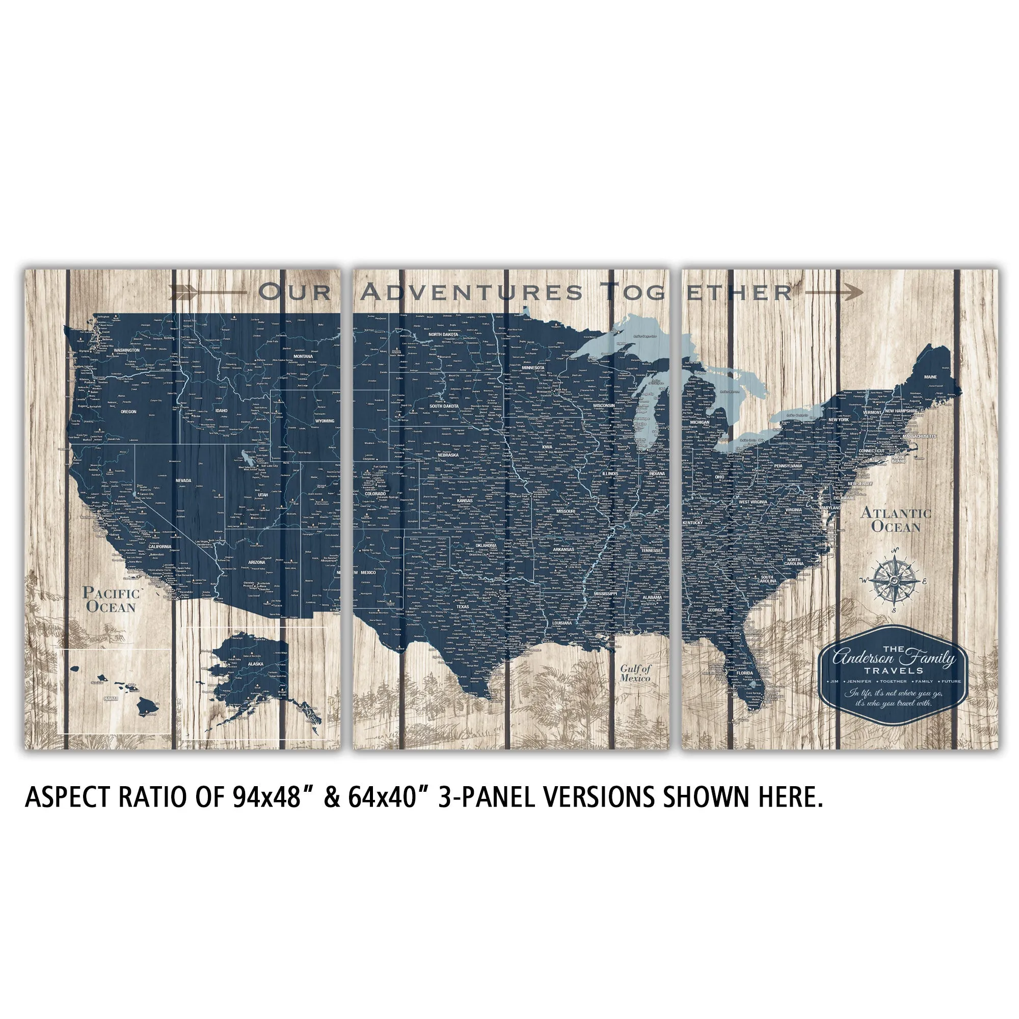 Large Rustic Push Pin USA Map Canvas - 3 Panel