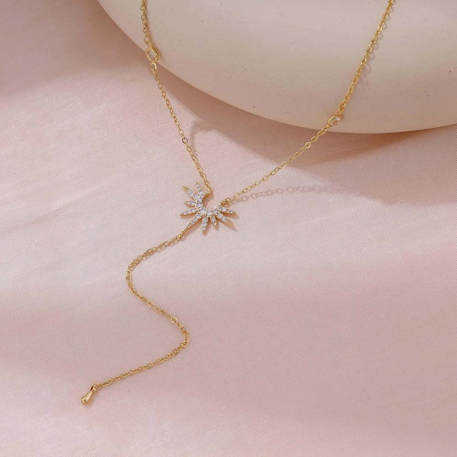 Lariat Necklaces for Women,Dainty Long Gold Necklaces 14K Gold Plated Lariat Necklace With CZ Y-Shaped Pendant Necklace Simple Non Tarnish Chain Layered Necklace Trendy Gold Jewelry for Women