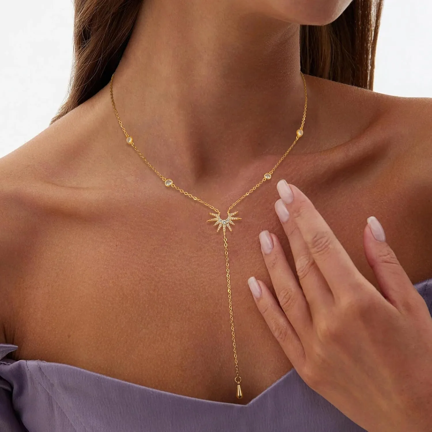 Lariat Necklaces for Women,Dainty Long Gold Necklaces 14K Gold Plated Lariat Necklace With CZ Y-Shaped Pendant Necklace Simple Non Tarnish Chain Layered Necklace Trendy Gold Jewelry for Women