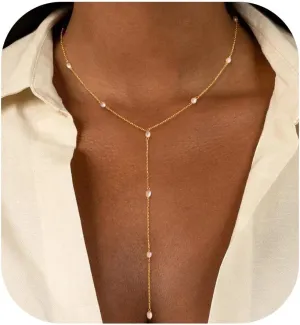 Lariat Necklaces for Women,Dainty Long Gold Necklaces 14K Gold Plated Lariat Necklace With CZ Y-Shaped Pendant Necklace Simple Non Tarnish Chain Layered Necklace Trendy Gold Jewelry for Women