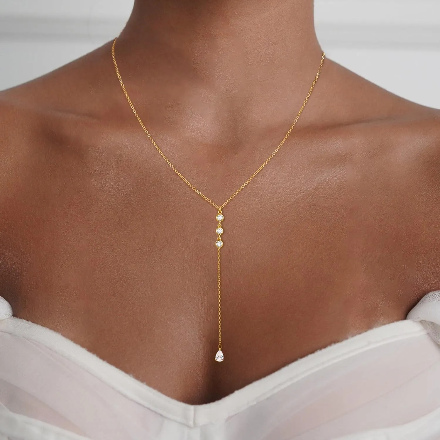 Lariat Necklaces for Women,Dainty Long Gold Necklaces 14K Gold Plated Lariat Necklace With CZ Y-Shaped Pendant Necklace Simple Non Tarnish Chain Layered Necklace Trendy Gold Jewelry for Women