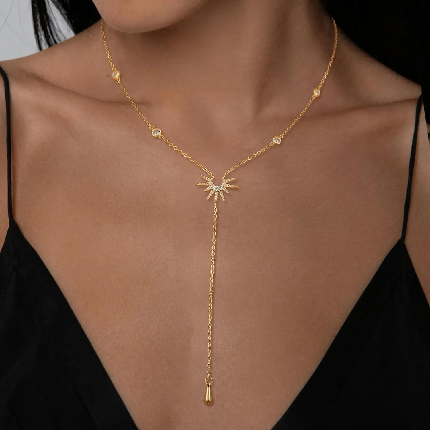 Lariat Necklaces for Women,Dainty Long Gold Necklaces 14K Gold Plated Lariat Necklace With CZ Y-Shaped Pendant Necklace Simple Non Tarnish Chain Layered Necklace Trendy Gold Jewelry for Women