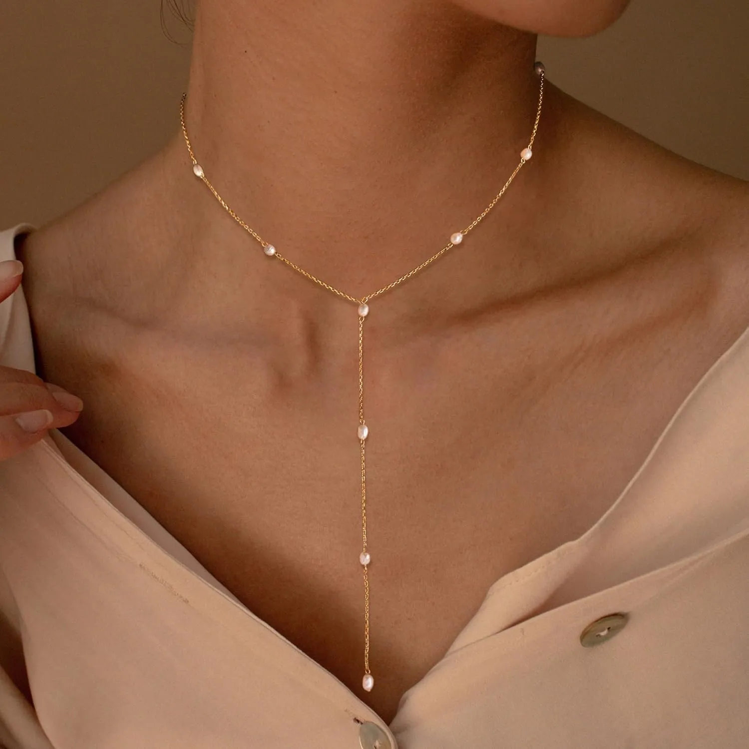 Lariat Necklaces for Women,Dainty Long Gold Necklaces 14K Gold Plated Lariat Necklace With CZ Y-Shaped Pendant Necklace Simple Non Tarnish Chain Layered Necklace Trendy Gold Jewelry for Women