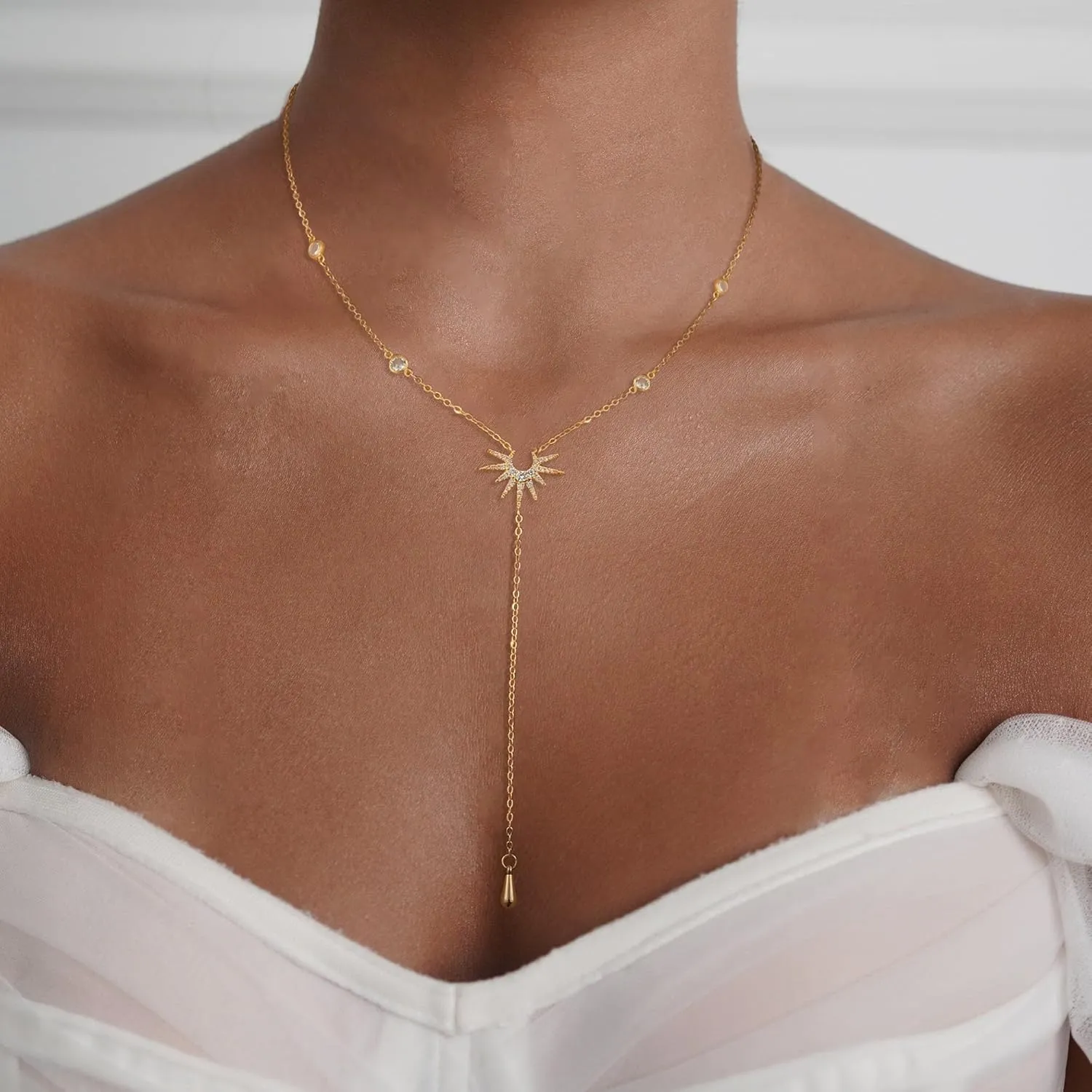 Lariat Necklaces for Women,Dainty Long Gold Necklaces 14K Gold Plated Lariat Necklace With CZ Y-Shaped Pendant Necklace Simple Non Tarnish Chain Layered Necklace Trendy Gold Jewelry for Women