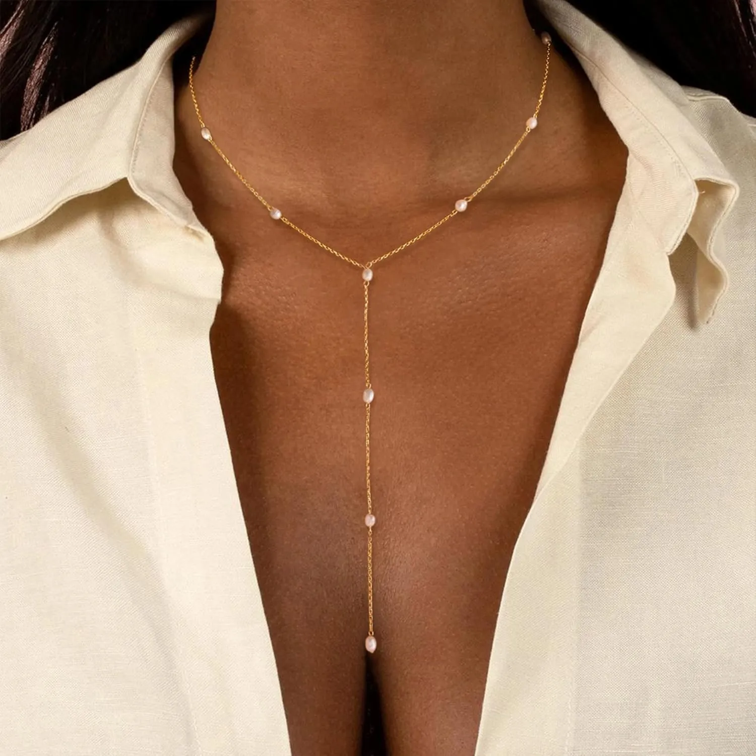Lariat Necklaces for Women,Dainty Long Gold Necklaces 14K Gold Plated Lariat Necklace With CZ Y-Shaped Pendant Necklace Simple Non Tarnish Chain Layered Necklace Trendy Gold Jewelry for Women