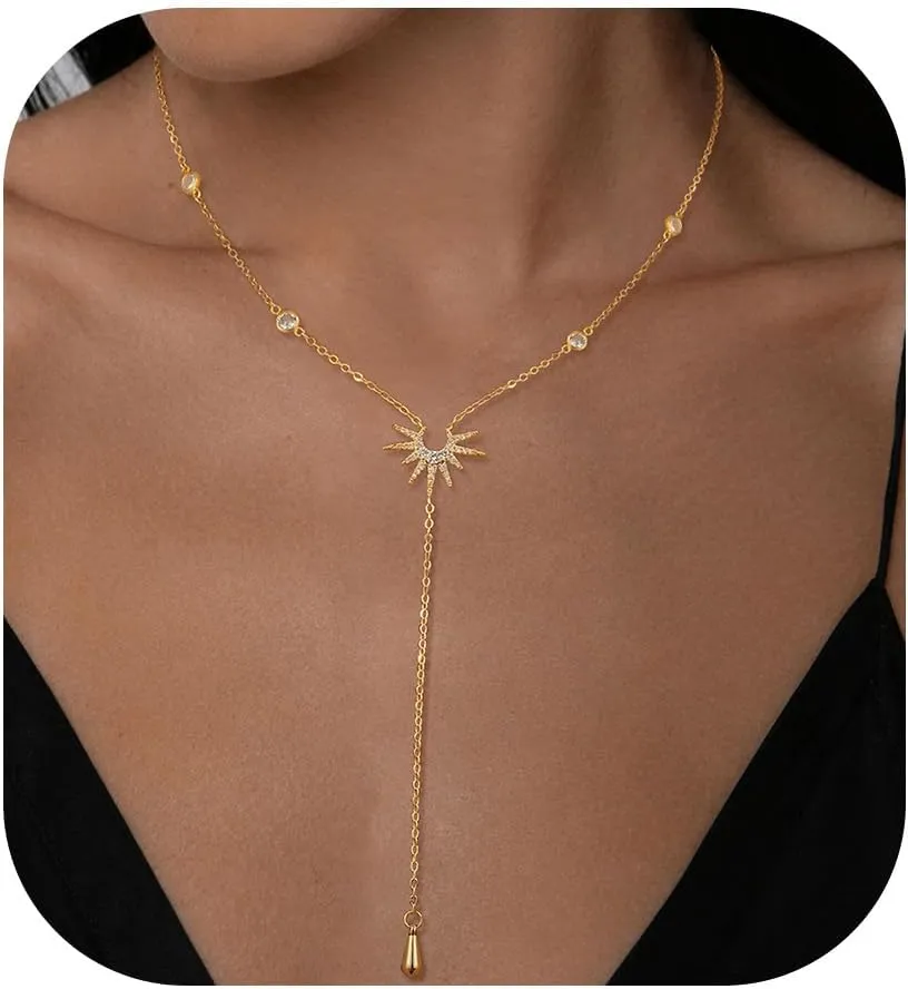 Lariat Necklaces for Women,Dainty Long Gold Necklaces 14K Gold Plated Lariat Necklace With CZ Y-Shaped Pendant Necklace Simple Non Tarnish Chain Layered Necklace Trendy Gold Jewelry for Women