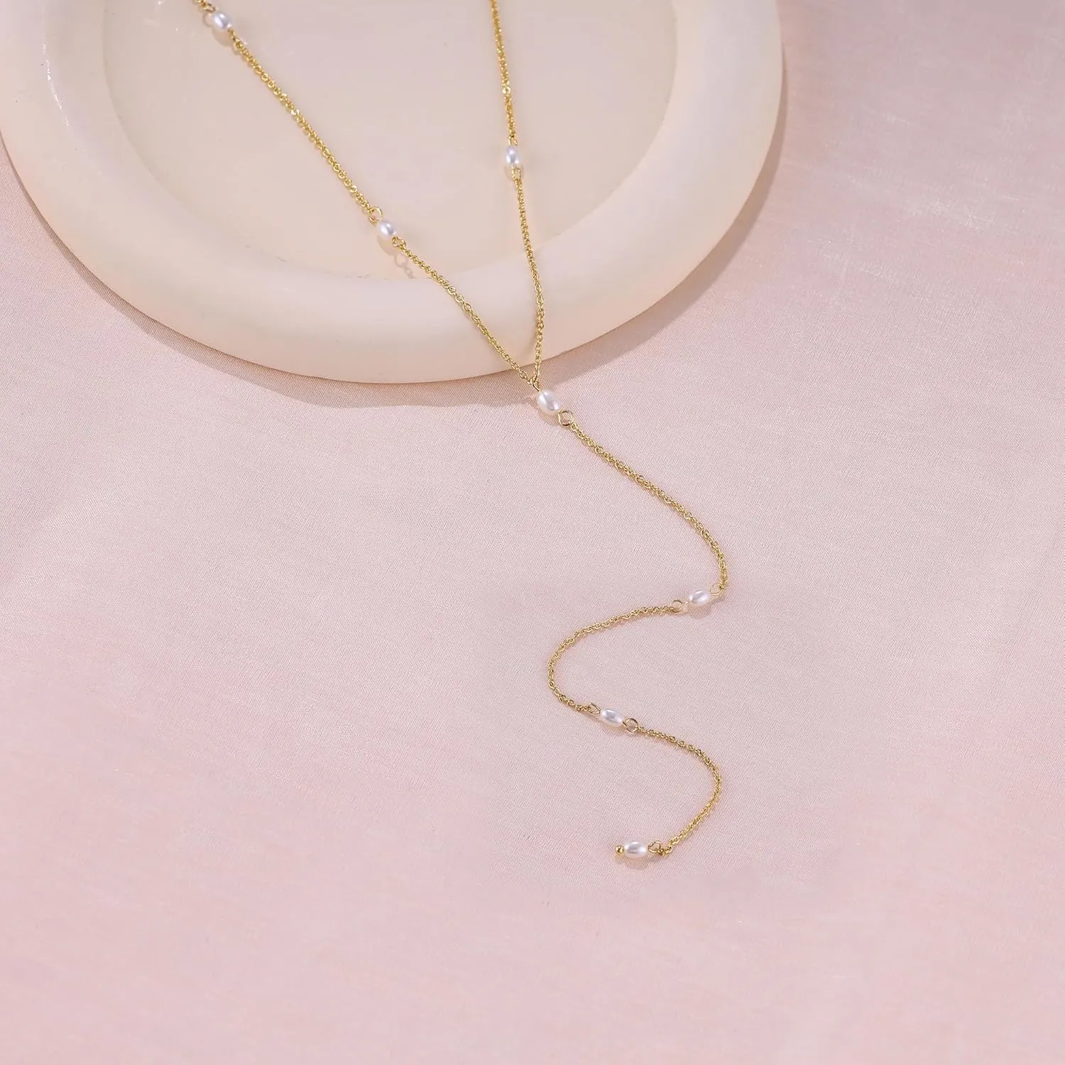Lariat Necklaces for Women,Dainty Long Gold Necklaces 14K Gold Plated Lariat Necklace With CZ Y-Shaped Pendant Necklace Simple Non Tarnish Chain Layered Necklace Trendy Gold Jewelry for Women