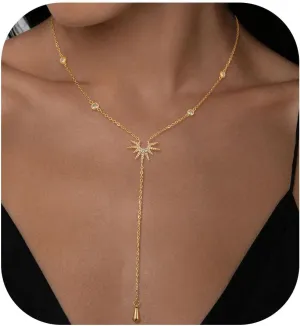 Lariat Necklaces for Women,Dainty Long Gold Necklaces 14K Gold Plated Lariat Necklace With CZ Y-Shaped Pendant Necklace Simple Non Tarnish Chain Layered Necklace Trendy Gold Jewelry for Women