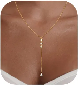 Lariat Necklaces for Women,Dainty Long Gold Necklaces 14K Gold Plated Lariat Necklace With CZ Y-Shaped Pendant Necklace Simple Non Tarnish Chain Layered Necklace Trendy Gold Jewelry for Women