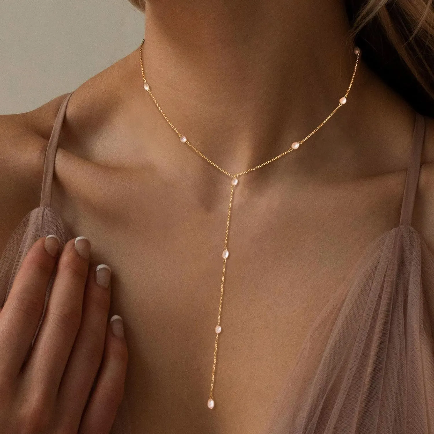 Lariat Necklaces for Women,Dainty Long Gold Necklaces 14K Gold Plated Lariat Necklace With CZ Y-Shaped Pendant Necklace Simple Non Tarnish Chain Layered Necklace Trendy Gold Jewelry for Women