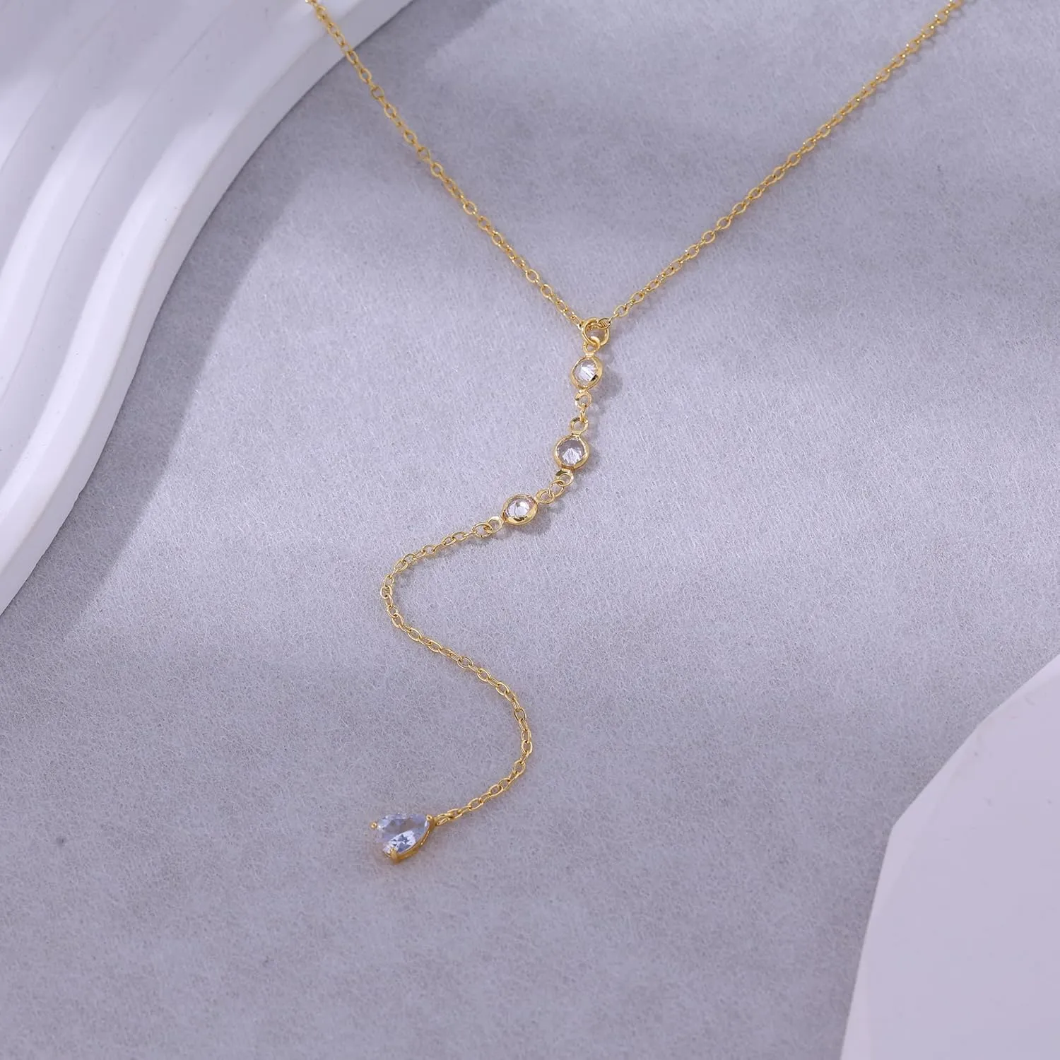 Lariat Necklaces for Women,Dainty Long Gold Necklaces 14K Gold Plated Lariat Necklace With CZ Y-Shaped Pendant Necklace Simple Non Tarnish Chain Layered Necklace Trendy Gold Jewelry for Women