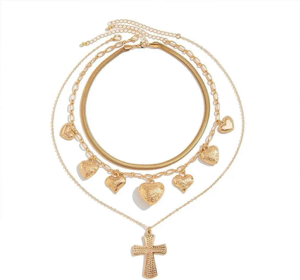 Layered Big Gold Heart Vintage Cross Snake Charm Necklace For Women, Statement Boho Love Heart Paper Clip Link Chain Necklaces Y2k Charms Jewelry Gift