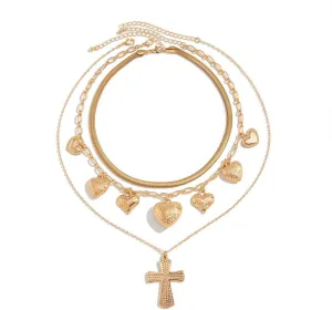 Layered Big Gold Heart Vintage Cross Snake Charm Necklace For Women, Statement Boho Love Heart Paper Clip Link Chain Necklaces Y2k Charms Jewelry Gift