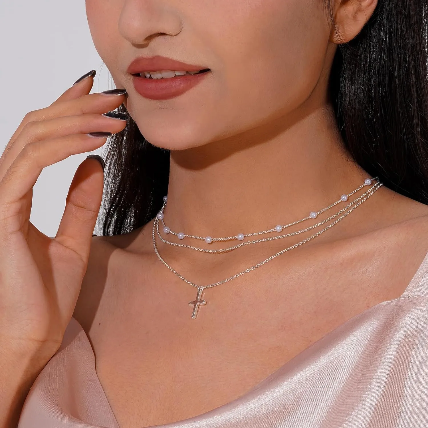 Layered Gold Necklaces for Women, Stackable 14K Gold Plated Necklace, Dainty Cross/Circle/Heart Pendant layered Necklace, Adjustable Dainty Gold/Silver Necklace Jewelry Set for Women