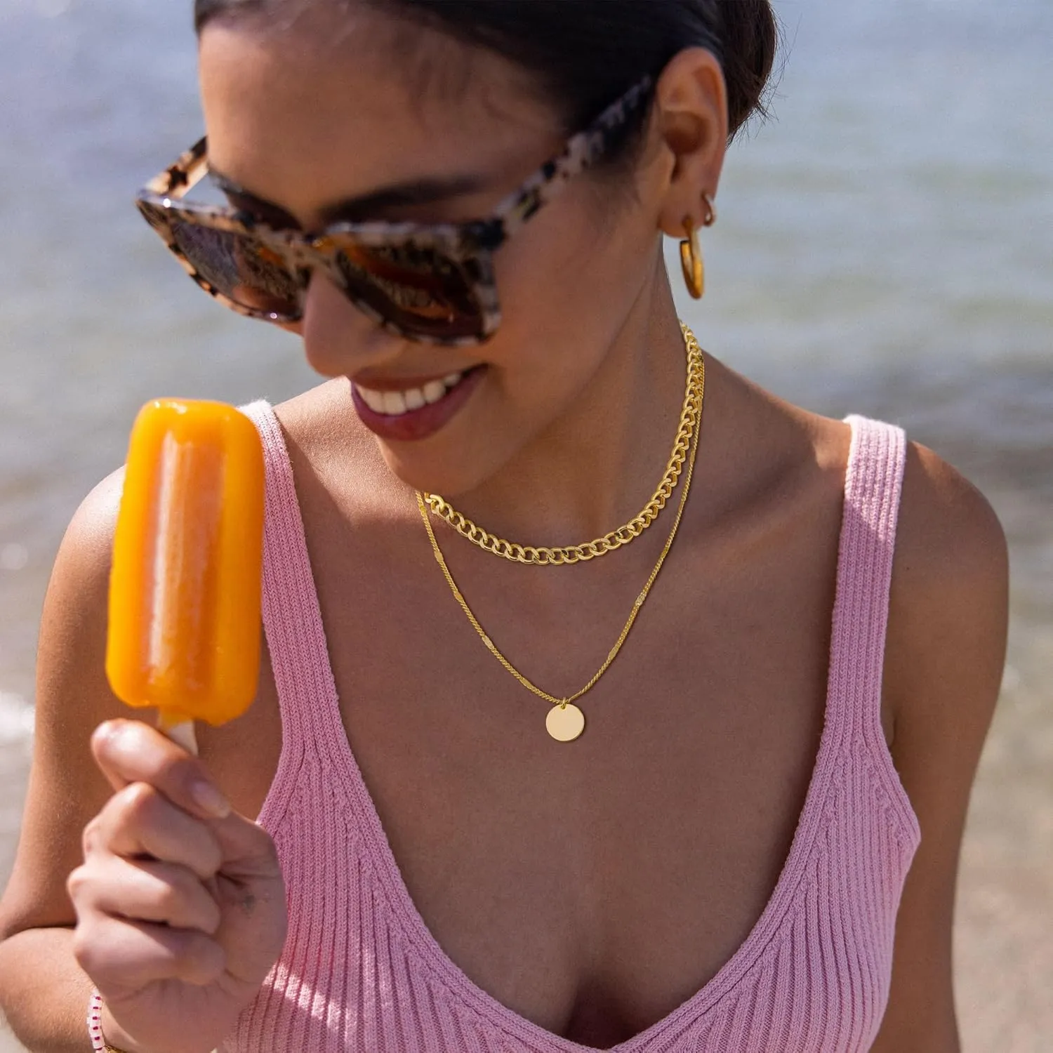 Layered Gold Necklaces for Women, Stackable Dainty 14K Real Gold Plated/Silver Chain Necklace Layering Beach Cute Fashion Pendant Choker Necklaces Trendy Jewelry Set Gifts for Women Teen Girls
