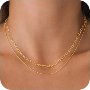 Layered Gold Necklaces for Women,Dainty 14k Gold/Sliver Chain Necklace Stack Herringbone Box Paperclip Choker Necklaces Set Trendy Simple Non Tarnish Gold Jewerly Gifts for Women