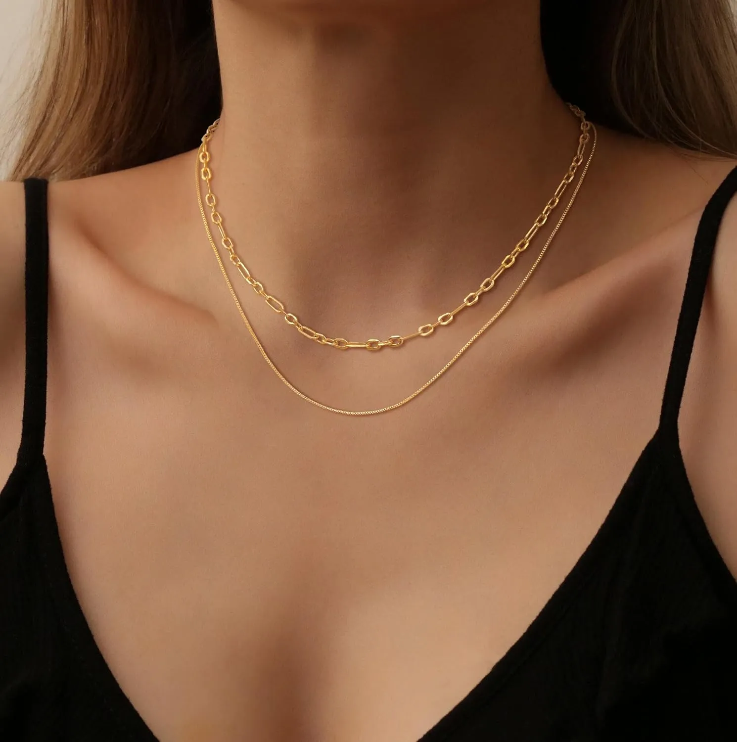 Layered Gold Necklaces for Women,Dainty 14k Gold/Sliver Chain Necklace Stack Herringbone Box Paperclip Choker Necklaces Set Trendy Simple Non Tarnish Gold Jewerly Gifts for Women