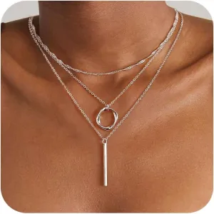 Layered Gold/Silver Necklaces for Women, 14k Gold/Sterling Silver Plated Stackable Stack Choker Necklaces for Women Trendy Layering Circle Pendant Chain Necklace Set Jewelry for Women