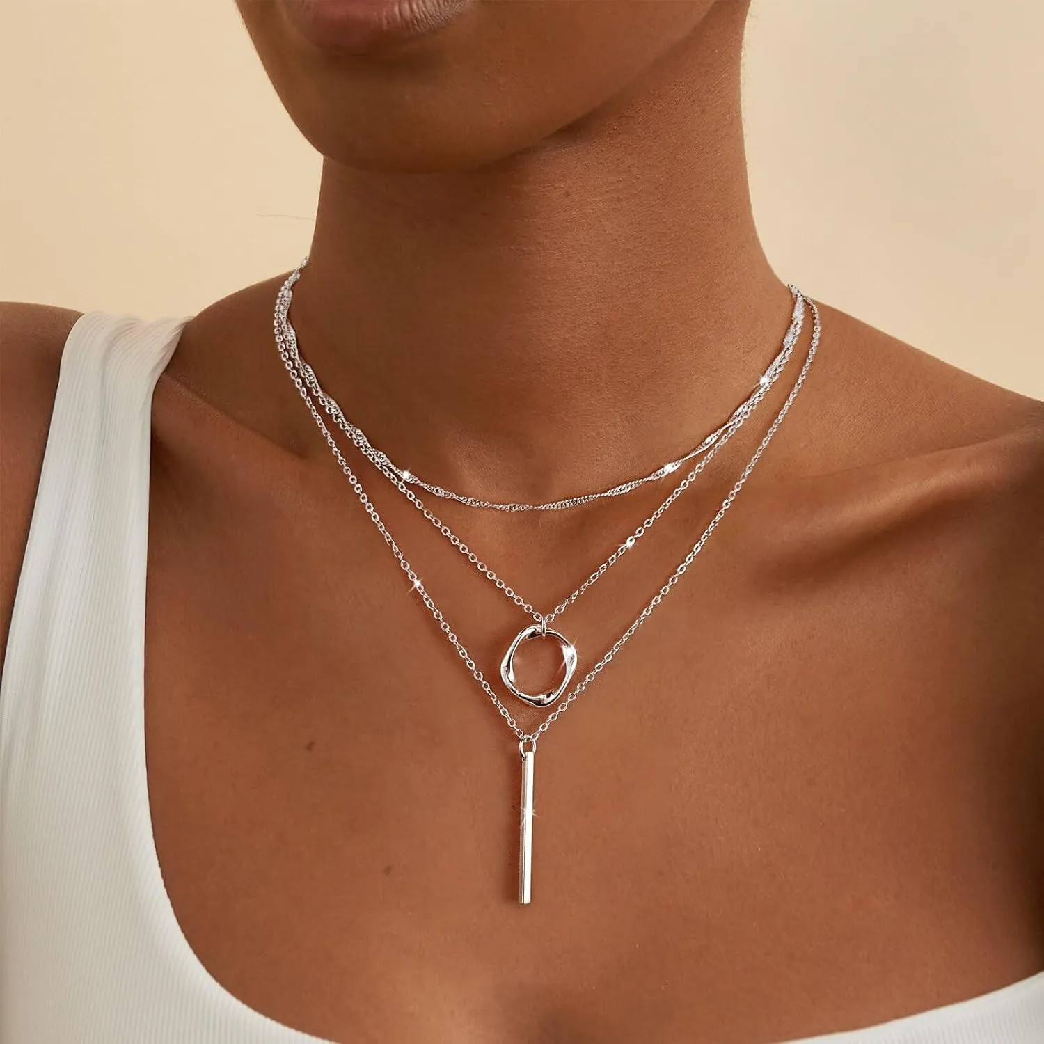 Layered Gold/Silver Necklaces for Women, 14k Gold/Sterling Silver Plated Stackable Stack Choker Necklaces for Women Trendy Layering Circle Pendant Chain Necklace Set Jewelry for Women