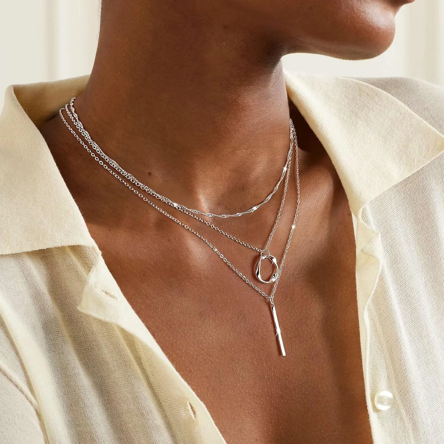 Layered Gold/Silver Necklaces for Women, 14k Gold/Sterling Silver Plated Stackable Stack Choker Necklaces for Women Trendy Layering Circle Pendant Chain Necklace Set Jewelry for Women