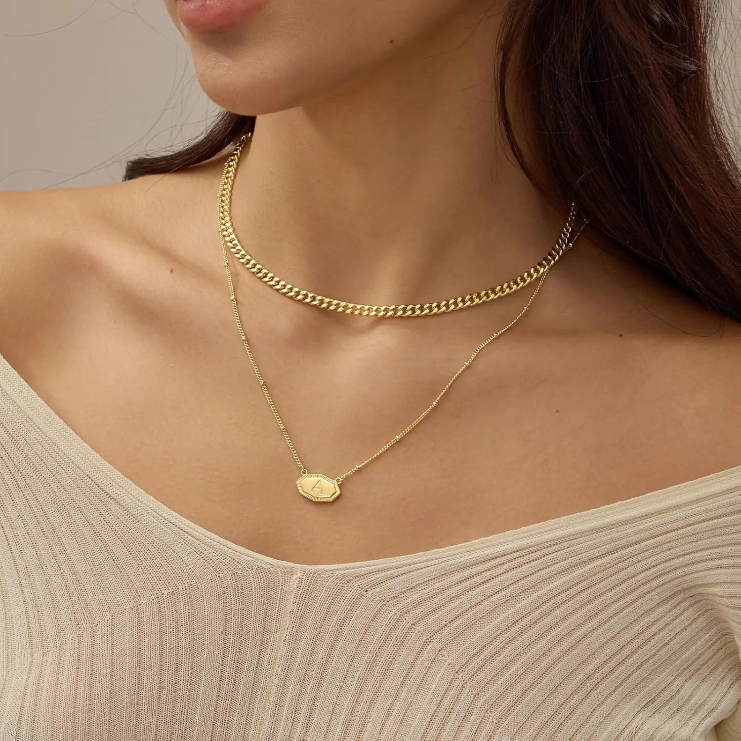 Layered Initial Necklaces for Women 14K Gold Plated Letter Necklace Set Chunky Gold Cuban Chain Necklace Stackable Octagon Name Necklace Personalized Statement Necklaces for Women Trendy Gold Jewelry