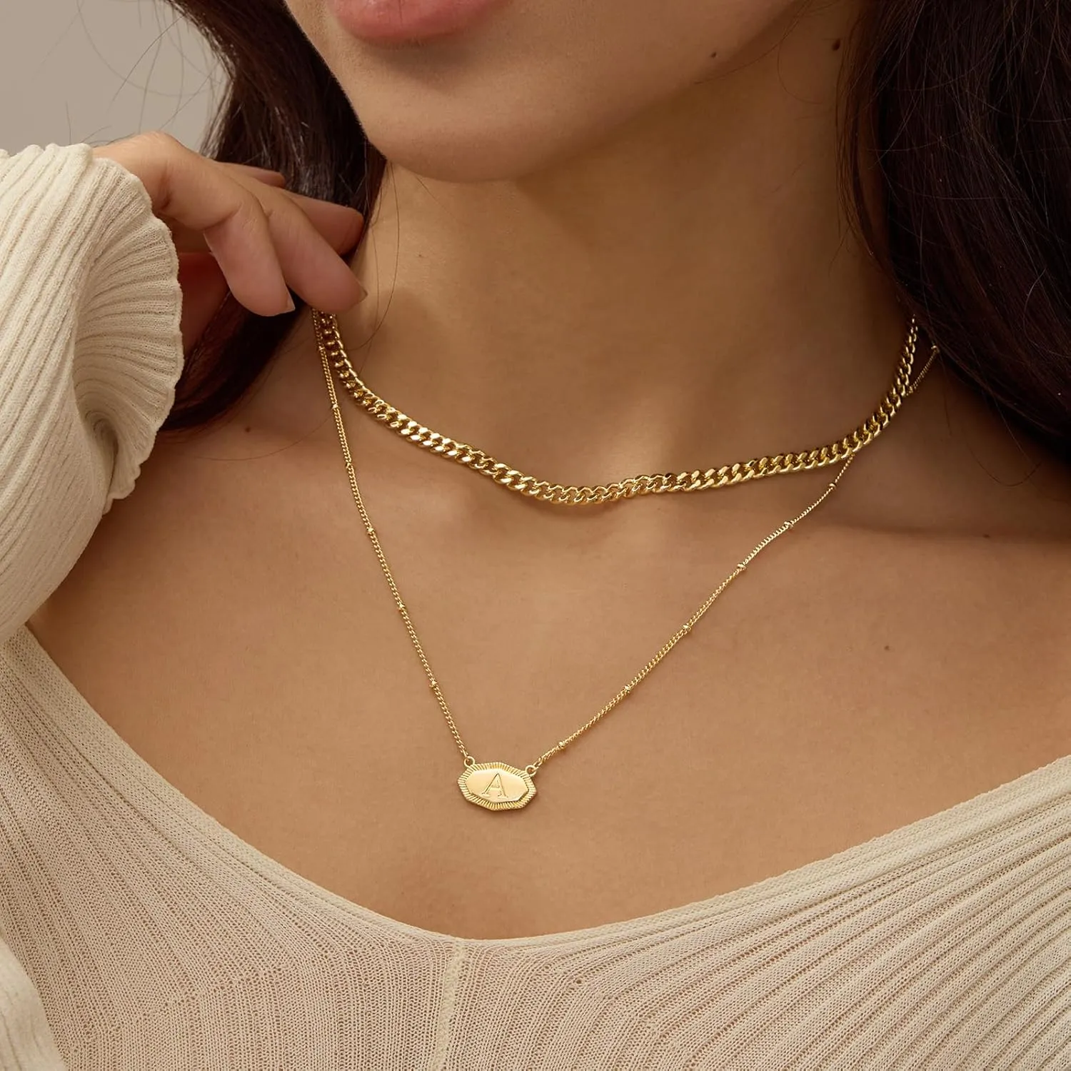 Layered Initial Necklaces for Women 14K Gold Plated Letter Necklace Set Chunky Gold Cuban Chain Necklace Stackable Octagon Name Necklace Personalized Statement Necklaces for Women Trendy Gold Jewelry
