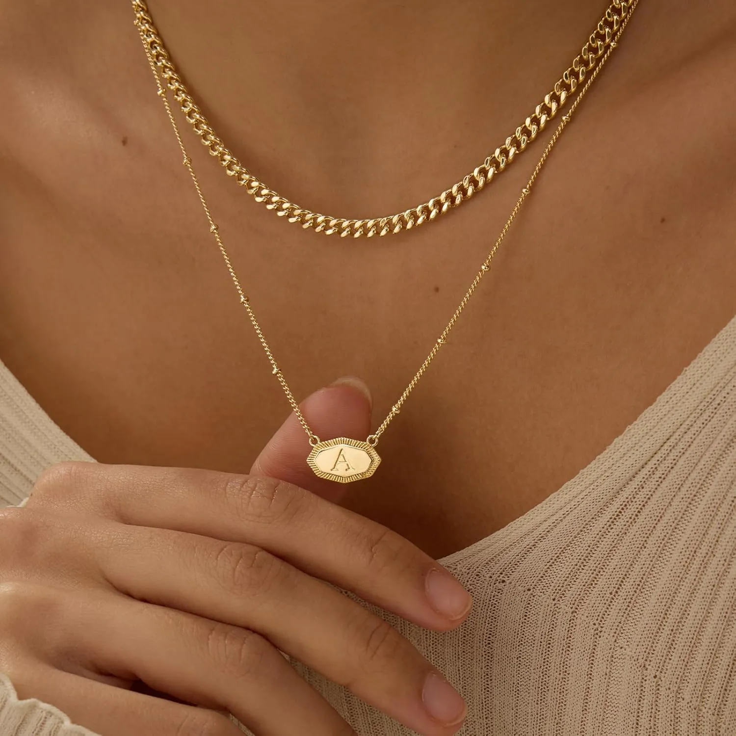 Layered Initial Necklaces for Women 14K Gold Plated Letter Necklace Set Chunky Gold Cuban Chain Necklace Stackable Octagon Name Necklace Personalized Statement Necklaces for Women Trendy Gold Jewelry