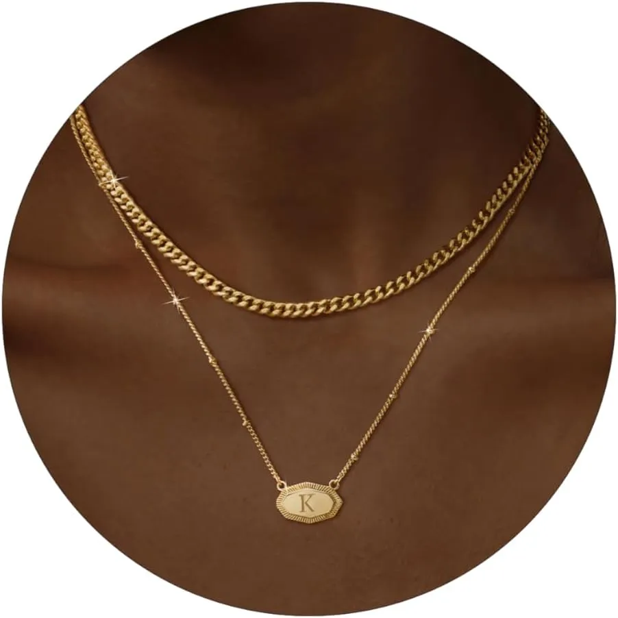 Layered Initial Necklaces for Women 14K Gold Plated Letter Necklace Set Chunky Gold Cuban Chain Necklace Stackable Octagon Name Necklace Personalized Statement Necklaces for Women Trendy Gold Jewelry