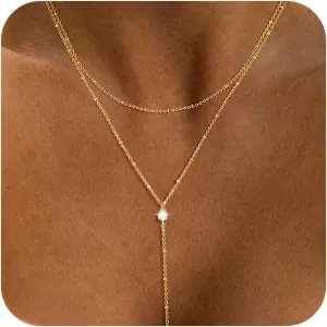 Layered Silver Necklace for Women, Dainty Silver/Gold Plated Long Necklaces for Women Trendy Lariat Y Shaped Cubic Zirconia Pendant Necklaces Fashion Jewelry for Women Christmas Gifts