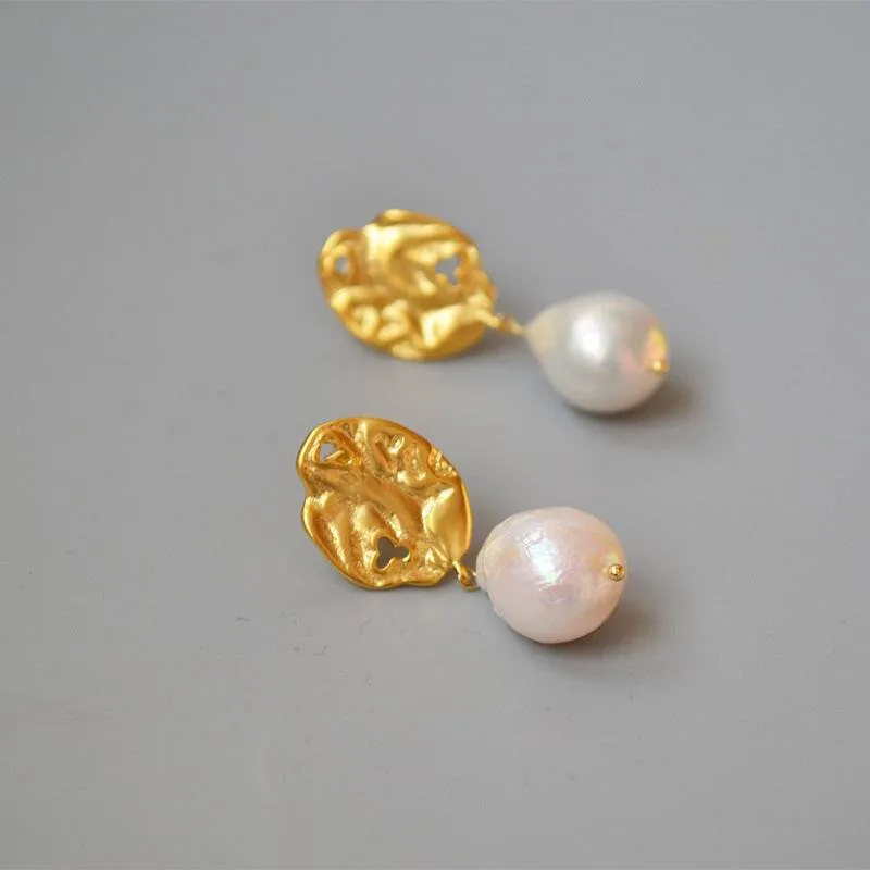 Leaf gold baroque pearl earrings