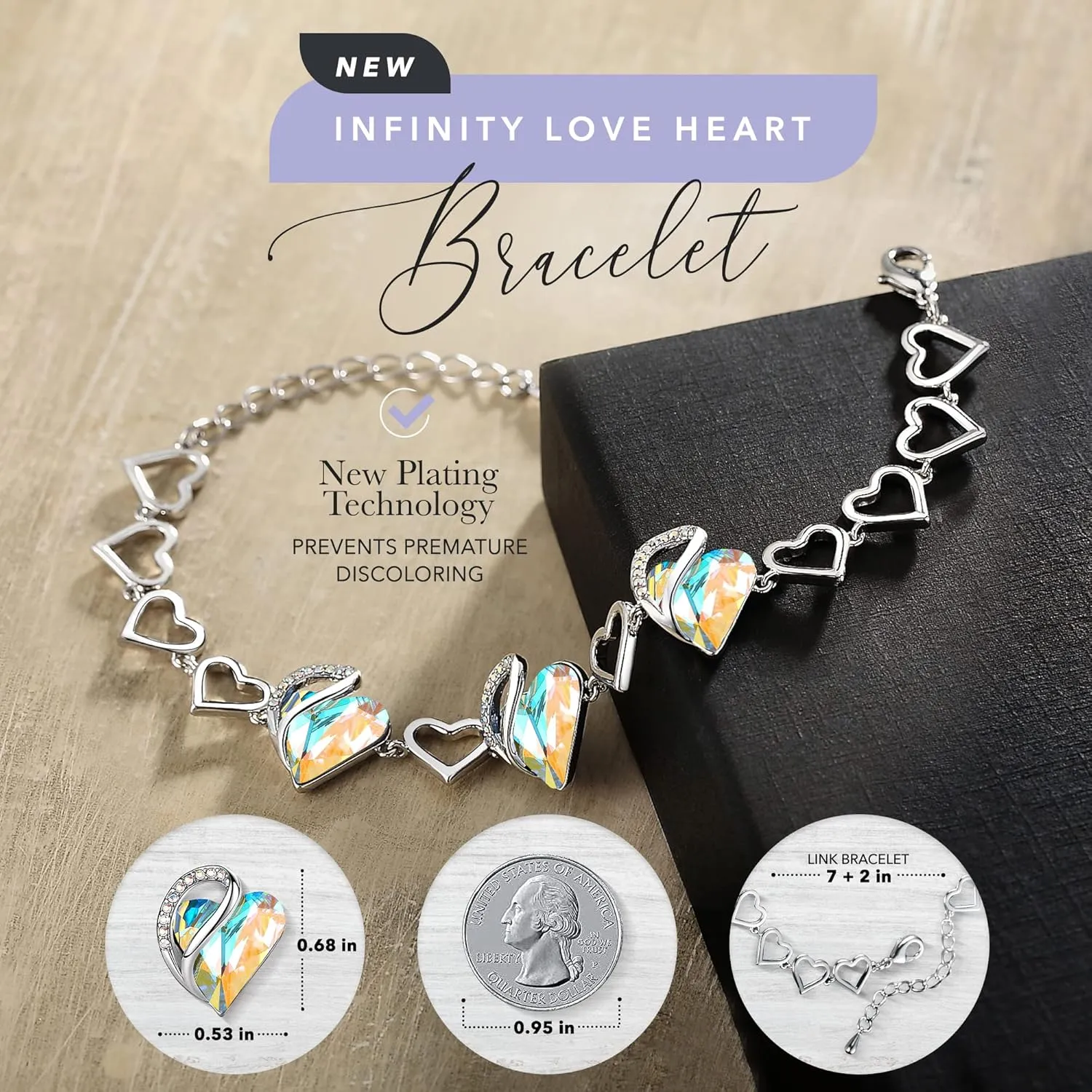Leafael Valentine's Day Heart Link Bracelets for Women, Infinity Love Birthstone Crystal Charms or Healing Stones, Silver Plated Jewelry Gifts for Her, 7-inch Chain and 2-inch Extender