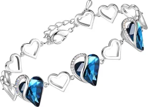 Leafael Valentine's Day Heart Link Bracelets for Women, Infinity Love Birthstone Crystal Charms or Healing Stones, Silver Plated Jewelry Gifts for Her, 7-inch Chain and 2-inch Extender