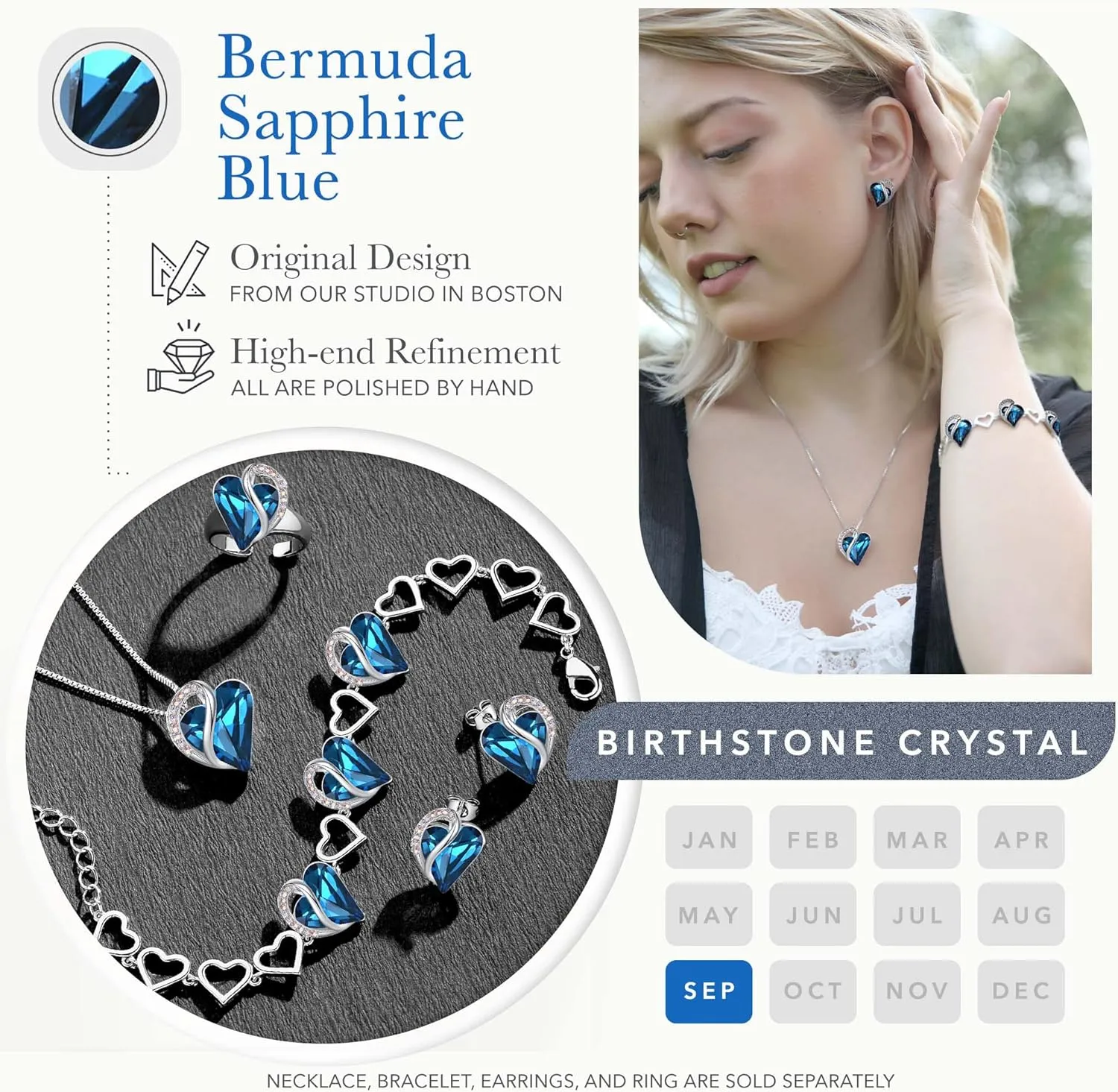 Leafael Valentine's Day Heart Link Bracelets for Women, Infinity Love Birthstone Crystal Charms or Healing Stones, Silver Plated Jewelry Gifts for Her, 7-inch Chain and 2-inch Extender