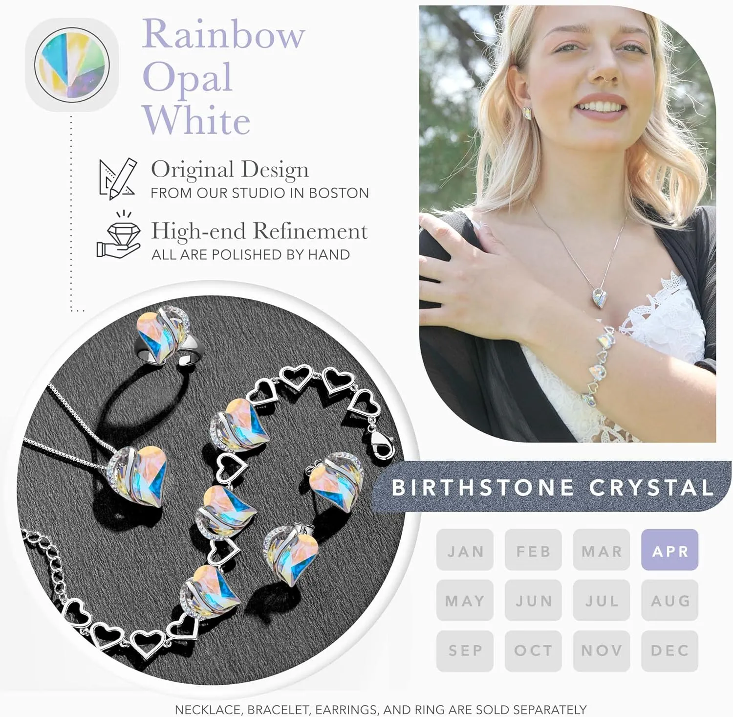 Leafael Valentine's Day Heart Link Bracelets for Women, Infinity Love Birthstone Crystal Charms or Healing Stones, Silver Plated Jewelry Gifts for Her, 7-inch Chain and 2-inch Extender