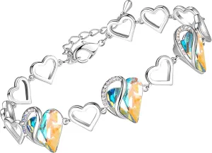 Leafael Valentine's Day Heart Link Bracelets for Women, Infinity Love Birthstone Crystal Charms or Healing Stones, Silver Plated Jewelry Gifts for Her, 7-inch Chain and 2-inch Extender