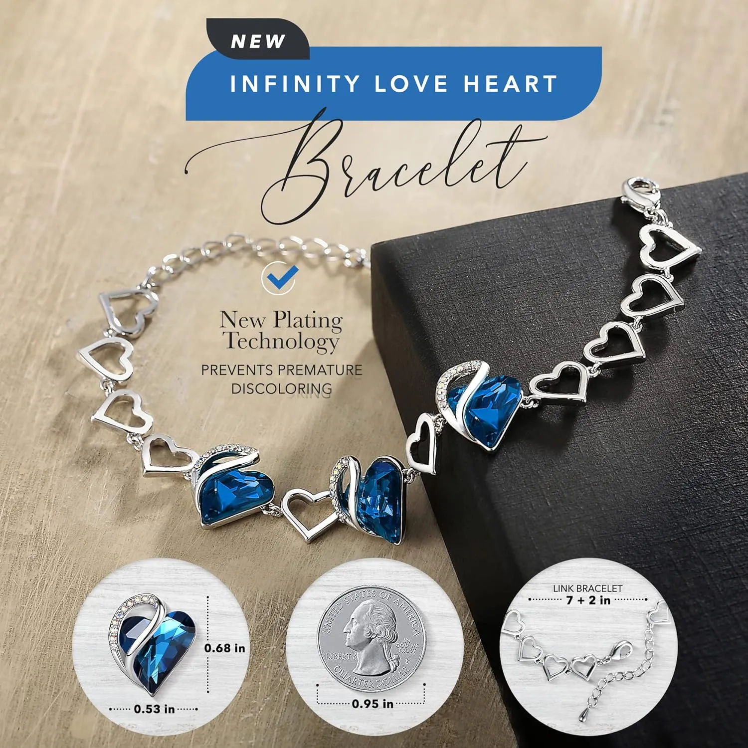 Leafael Valentine's Day Heart Link Bracelets for Women, Infinity Love Birthstone Crystal Charms or Healing Stones, Silver Plated Jewelry Gifts for Her, 7-inch Chain and 2-inch Extender