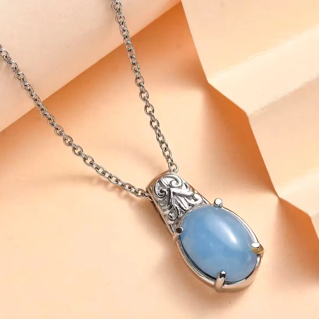 Light Blue Jade 6.00 ctw Pendant Silver Necklace Chain 20 In New